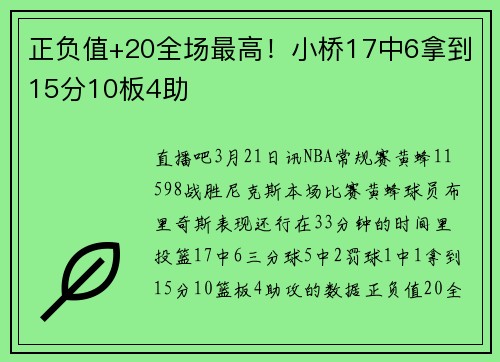 正负值+20全场最高！小桥17中6拿到15分10板4助