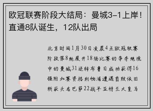 欧冠联赛阶段大结局：曼城3-1上岸！直通8队诞生，12队出局